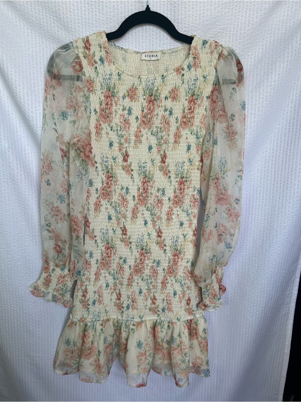 Storia Cottagecore Floral Smocked Ruffle Dress with Sheer Long Sleeves Size S